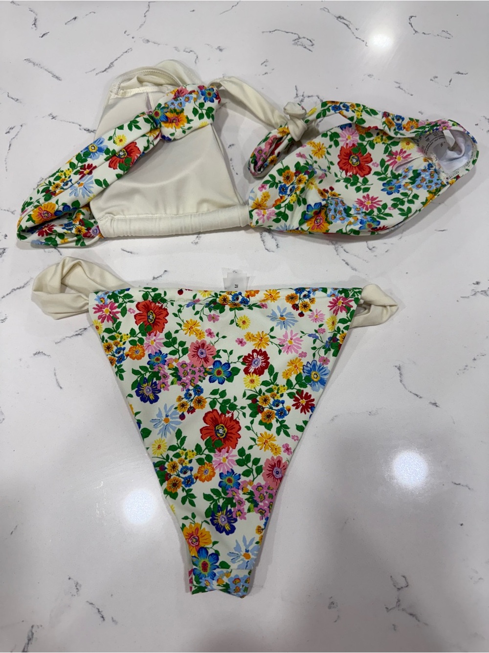SHEIN Cream Floral Tie-Back Bikini Set